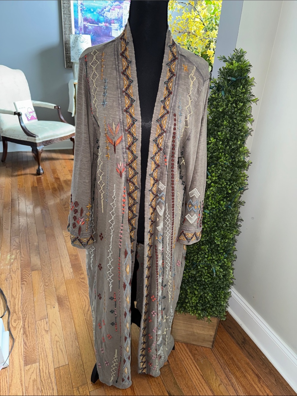 CAITE - Handmade Embroidered Taupe Long Open-Front Duster/Cardigan NWOT